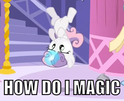 Size: 500x408 | Tagged: safe, derpibooru import, screencap, sweetie belle, princess twilight sparkle (episode), image macro, levitation, magic, solo, upside down