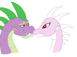 Size: 764x565 | Tagged: artist needed, safe, spike, oc, oc:huffy, dragon, adult spike, canon x oc, dragoness, fanfic, female, huffy, it takes a village, male, older, older spike, shipping, spikezilla, straight