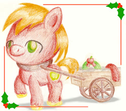 Size: 600x530 | Tagged: safe, artist:flutterluv, derpibooru import, big macintosh, earth pony, pony, cart, christmas, holly, male, solo, stallion, traditional art