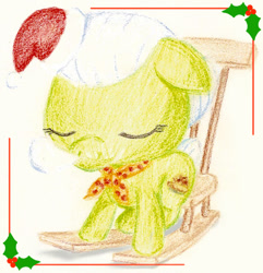 Size: 600x623 | Tagged: safe, artist:flutterluv, derpibooru import, granny smith, chair, christmas, holly, rocking chair, sleeping, solo, traditional art