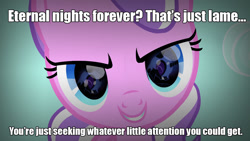 Size: 1024x576 | Tagged: safe, derpibooru import, diamond tiara, nightmare moon, caption, evil diamond tiara, eye reflection, image macro, meme