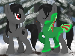 Size: 1032x774 | Tagged: safe, artist:equinepalette, derpibooru import, oc, oc only, oc:dark light, oc:sony, :p, couple, eyes closed, fluffy, frown, looking back, mutant, raised hoof, smiling, snow, tongue out, transformation, unamused