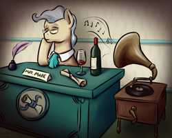 Size: 1000x800 | Tagged: safe, artist:brainedbysaucepans, derpibooru import, mayor mare, music, office, phonograph, solo, wine