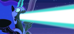 Size: 1287x591 | Tagged: safe, derpibooru import, edit, edited screencap, screencap, nightmare moon, princess twilight sparkle (episode), derp, glowing horn, laser, magic, open mouth, shoop da whoop, solo, spread wings, wide eyes