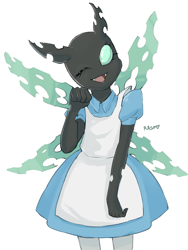 Size: 1050x1400 | Tagged: safe, artist:the-rasp-b, derpibooru import, anthro, changeling, alice in wonderland, clothes, cute, cuteling, dress, female, looking at you, nightmare night, open mouth, smiling, solo, wink