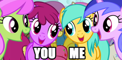 Size: 820x404 | Tagged: safe, derpibooru import, screencap, berry punch, berryshine, lemon hearts, merry may, parasol, sea swirl, seafoam, sunshower raindrops, twinkleshine, the super speedy cider squeezy 6000, image macro