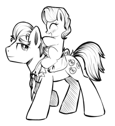 Size: 783x855 | Tagged: safe, artist:xioade, derpibooru import, diamond tiara, filthy rich, blank flank, blushing, cute, diamondbetes, equestria's best father, eyes closed, grayscale, monochrome, open mouth, ponies riding ponies, riding, smiling