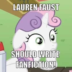 Size: 500x500 | Tagged: safe, derpibooru import, edit, edited screencap, screencap, sweetie belle, pony, unicorn, ponyville confidential, cropped, female, filly, floppy ears, hoof on chin, horn, image macro, lauren faust, meme, solo, sudden clarity sweetie belle, text, two toned mane, white coat, wide eyes