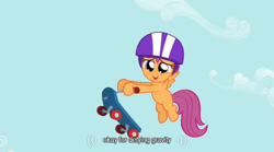 Size: 640x355 | Tagged: safe, derpibooru import, screencap, scootaloo, sleepless in ponyville, meme, scooter, solo, youtube caption