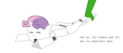 Size: 841x367 | Tagged: safe, derpibooru import, sweetie belle, sweetie bot, oc, oc:anon, pony, robot, unicorn, female, filly, foal, hooves, horn, open mouth, solo focus, text