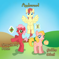 Size: 600x600 | Tagged: safe, artist:runicrhyme, oc, oc only, oc:applewood, oc:golden blush, oc:strawberry patch, offspring, parent:big macintosh, parent:fluttershy, parents:fluttermac, siblings