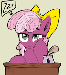 Size: 500x567 | Tagged: safe, artist:tiki2, artist:xioade, derpibooru import, cheerilee, earth pony, pony, bored, bow, desk, female, filly, hair bow, inkwell, quill, role reversal, simple background, solo, thought bubble, younger, zzz