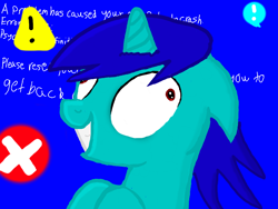 Size: 680x512 | Tagged: safe, artist:trevor s., derpibooru import, oc, oc only, oc:bsod, unicorn, blue screen of death, colors! 3d, contemplating insanity, derp, error, solo, trace, windows