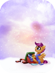 Size: 800x1050 | Tagged: safe, artist:rizcifra, derpibooru import, scootaloo, soarin', clothes, plushie, present, scarf, snow, snowfall, solo