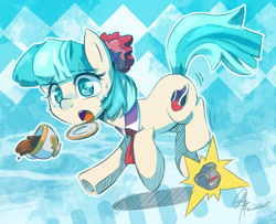 Size: 1219x988 | Tagged: safe, artist:chingilin, derpibooru import, coco pommel, tom, rarity takes manehattan, coffee, drink, falling, solo, spilled drink, tripping, working