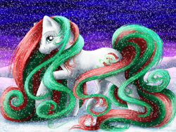 Size: 1024x768 | Tagged: safe, artist:flyingpony, derpibooru import, g1, merry treat, snow, snowfall, solo