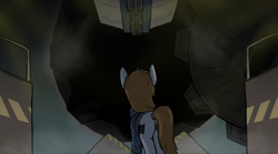 Size: 900x500 | Tagged: safe, artist:brisineo, oc, oc only, oc:littlepip, pony, unicorn, fallout equestria, clothes, commission, cutie mark, fanfic, fanfic art, female, horn, mare, plot, solo, stable, stable door, vault suit