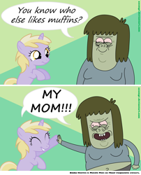 Size: 2000x2470 | Tagged: safe, artist:axemgr, derpibooru import, dinky hooves, comic, crossover, dialogue, happy, high five, joke, muscle man, my mom, regular show, smiling, speech bubble