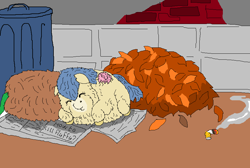 Size: 874x588 | Tagged: safe, artist:artist-kun, derpibooru import, fluffy pony, cigarette, feral fluffy pony, fluffy family, fluffy pony foal, impending doom, leaf, newspaper