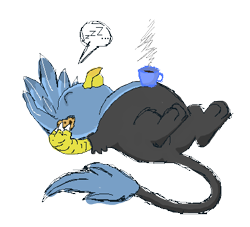 Size: 396x360 | Tagged: safe, artist:princessamity, oc, oc only, griffon, coffee, cookie, gift art, on back, pixel art, simple background, sleeping, solo, steam