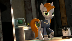 Size: 1920x1080 | Tagged: safe, artist:d0ntst0pme, derpibooru import, oc, oc only, oc:littlepip, pony, unicorn, fallout equestria, 3d, clothes, cutie mark, fanfic, fanfic art, female, gmod, hooves, horn, mare, solo, stable, terminal, toaster, vault, vault suit