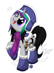 Size: 2493x3373 | Tagged: safe, artist:template93, derpibooru import, oc, oc only, oc:wickedsilly, pony, unicorn, boots, clothes, happy, hat, high res, looking up, open mouth, present, raised hoof, saddle, scarf, smiling, snow, snowflake, solo, standing