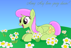 Size: 2161x1468 | Tagged: safe, artist:bluemeganium, derpibooru import, merry may, cute, daisy (flower), flower, happy, prone, smiling, solo, text