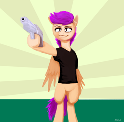 Size: 1022x1010 | Tagged: safe, artist:themightycoolblender, derpibooru import, scootaloo, anthro, gun, solo