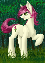 Size: 1000x1400 | Tagged: safe, artist:santagiera, roseluck, earth pony, pony, female, grass, looking back, mare, open mouth, outdoors, raised hoof, smiling, solo, standing, tree