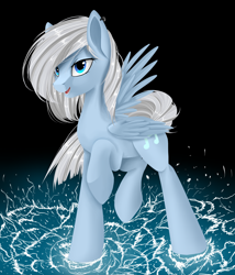 Size: 1024x1195 | Tagged: safe, artist:santagiera, oc, oc only, oc:silver symphony, pegasus, pony, female, piercing, raised leg, smiling, solo