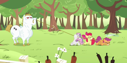 Size: 1520x751 | Tagged: safe, derpibooru import, screencap, apple bloom, bulk biceps, scootaloo, sweetie belle, earth pony, pegasus, pony, unicorn, flight to the finish, cutie mark crusaders, ear piercing, earring, female, filly, flower, foal, jewelry, male, mouth hold, piercing, rope, stallion, tree, tug of war