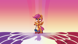 Size: 2000x1125 | Tagged: safe, artist:esuka, derpibooru import, scootaloo, flight to the finish, looking up, scooter, shadow, smiling, solo, spread wings, wings