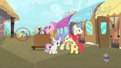 Size: 1013x568 | Tagged: safe, derpibooru import, edit, edited screencap, screencap, apple bloom, carrot top, golden harvest, goldengrape, sir colton vines iii, sweetie belle, written script, flight to the finish, season 4, background pony, female, goldenscript, male, shipping, straight