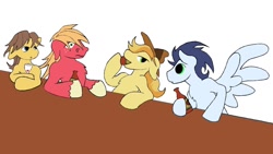 Size: 1024x576 | Tagged: safe, artist:stileelits, derpibooru import, big macintosh, braeburn, caramel, soarin', earth pony, pony, bar, beer, caramac, floppy ears, gay, gay bar, male, shipping, soarburn, stallion