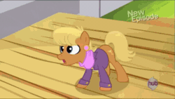 Size: 480x270 | Tagged: safe, derpibooru import, screencap, ms. harshwhinny, flight to the finish, adorkable, animated, cute, dork, excited, extended trot pose, eyes closed, hub logo, ms. cutewhinny, raised leg, smiling, solo, talking, unprofessional, when she smiles, wide eyes
