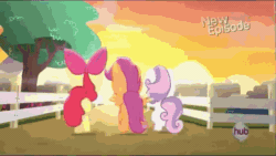 Size: 480x270 | Tagged: safe, derpibooru import, screencap, apple bloom, scootaloo, sweetie belle, flight to the finish, animated, cutie mark crusaders, hub logo, hubble, the hub