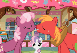 Size: 1011x698 | Tagged: safe, screencap, big macintosh, cheerilee, sweetie belle, earth pony, pony, hearts and hooves day (episode), animated, boop, cheerimac, hearts and hooves day, male, nose wrinkle, noseboop, nuzzling, shipping, stallion, straight