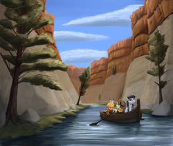 Size: 1517x1288 | Tagged: safe, artist:bakuel, braeburn, little strongheart, maud pie, boat, river, scenery