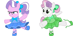 Size: 1500x735 | Tagged: safe, artist:magerblutooth, derpibooru import, diamond tiara, sweetie belle, ballet, clothes, cute, dancing, diamondbetes, dress, unamused