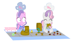 Size: 2393x1393 | Tagged: safe, artist:magerblutooth, derpibooru import, diamond tiara, sweetie belle, chef's hat, chocolate, conveyor belt, emergency edible boots, hat