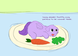 Size: 1375x994 | Tagged: safe, artist:carpdime, fluffy pony, carrot, pea, plate, pony as food, pretending, solo