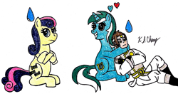 Size: 1013x536 | Tagged: safe, artist:stealthninja5, derpibooru import, bon bon, lyra heartstrings, sweetie drops, earth pony, human, pony, unicorn, bionicle, bon bon is not amused, crossover, female, humie, lego, male, mare, takanuva, traditional art