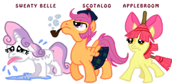 Size: 900x443 | Tagged: safe, artist:bluebauble, apple bloom, scootaloo, sweetie belle, earth pony, pegasus, pony, unicorn, apple broom, broom, bubble pipe, cutie mark crusaders, female, filly, kilt, pipe, plewds, pun, rouge angles of satin, scotaloo, scottaloo, sweat, sweatie belle