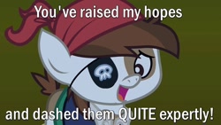 Size: 1280x720 | Tagged: safe, derpibooru import, edit, edited screencap, screencap, pipsqueak, earth pony, pony, luna eclipsed, caption, clothes, colt, costume, eyepatch, futurama, image macro, male, nightmare night costume, pirate costume, quote, reaction image, reference, solo, text, tinny tim