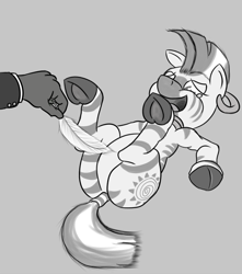 Size: 885x1000 | Tagged: safe, artist:midnight-wizard, zecora, zebra, belly, crying, feather, featureless crotch, grayscale, hand, laughing, legs in air, monochrome, on back, open mouth, smiling, solo, tickling, underhoof