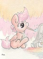 Size: 634x875 | Tagged: safe, artist:slightlyshade, scootaloo, mouth hold, paint, paintbrush, painting, solo, traditional art