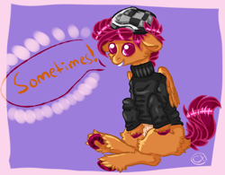 Size: 1000x778 | Tagged: safe, artist:coppahhead, derpibooru import, scootaloo, ask, ask ftm scootaloo, bandage, beanie, breast binding, clothes, floppy ears, hat, hooves, solo, sweater, transgender, tumblr, unshorn fetlocks