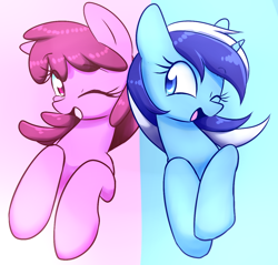 Size: 1152x1100 | Tagged: safe, artist:acersiii, berry punch, berryshine, minuette, berrygate, female, lesbian, shipping, smiling, wink