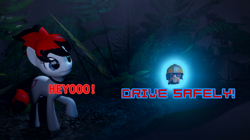 Size: 1024x574 | Tagged: safe, artist:halcoon-145, derpibooru import, oc, oc only, 3d, drive safely, forest, gmod, night, text, wat