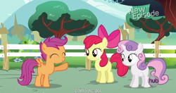 Size: 1152x609 | Tagged: safe, derpibooru import, screencap, apple bloom, scootaloo, sweetie belle, flight to the finish, cutie mark crusaders, hub logo, meme, youtube caption